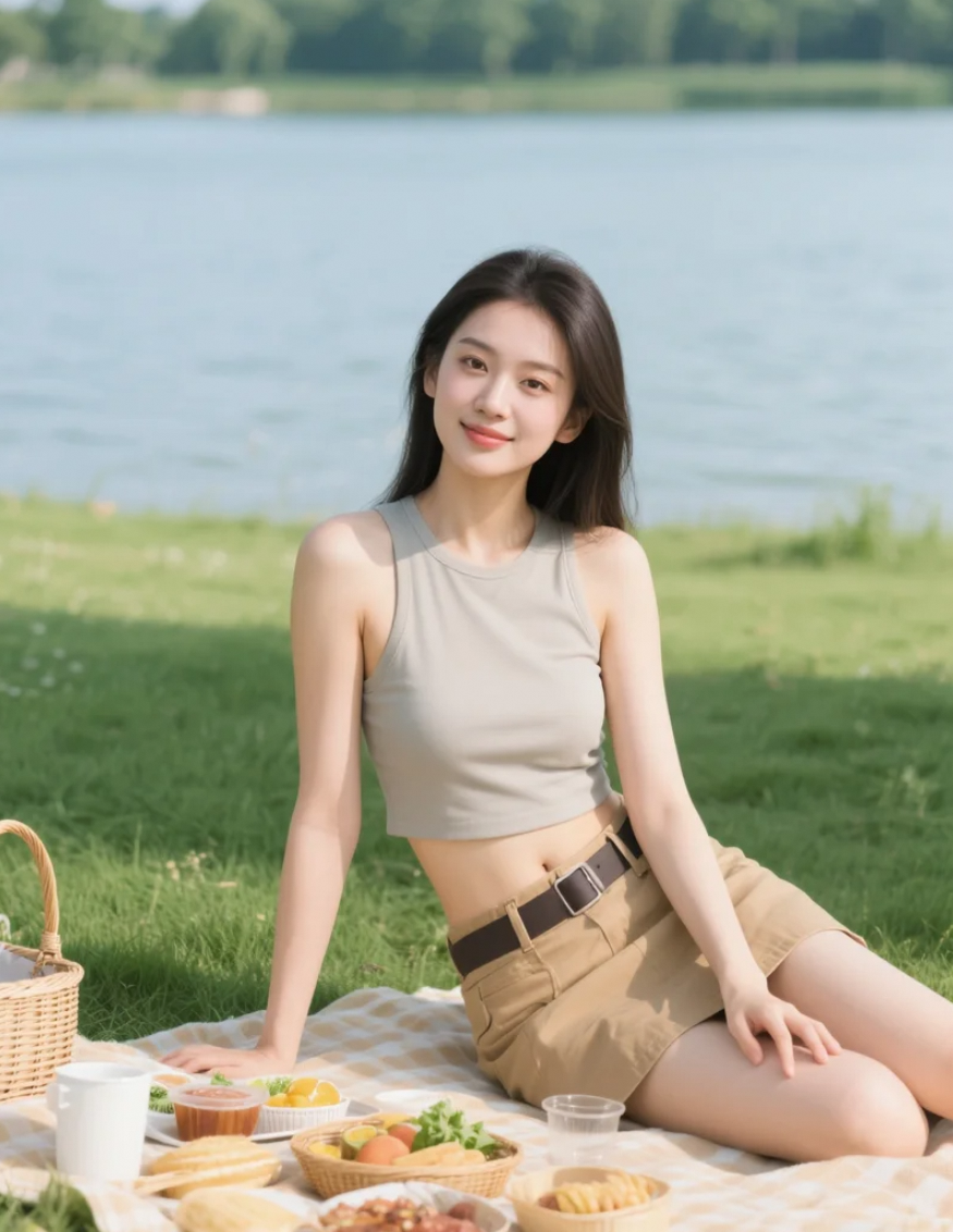 草地野餐的亚洲美女，享受轻松惬意的午后时光