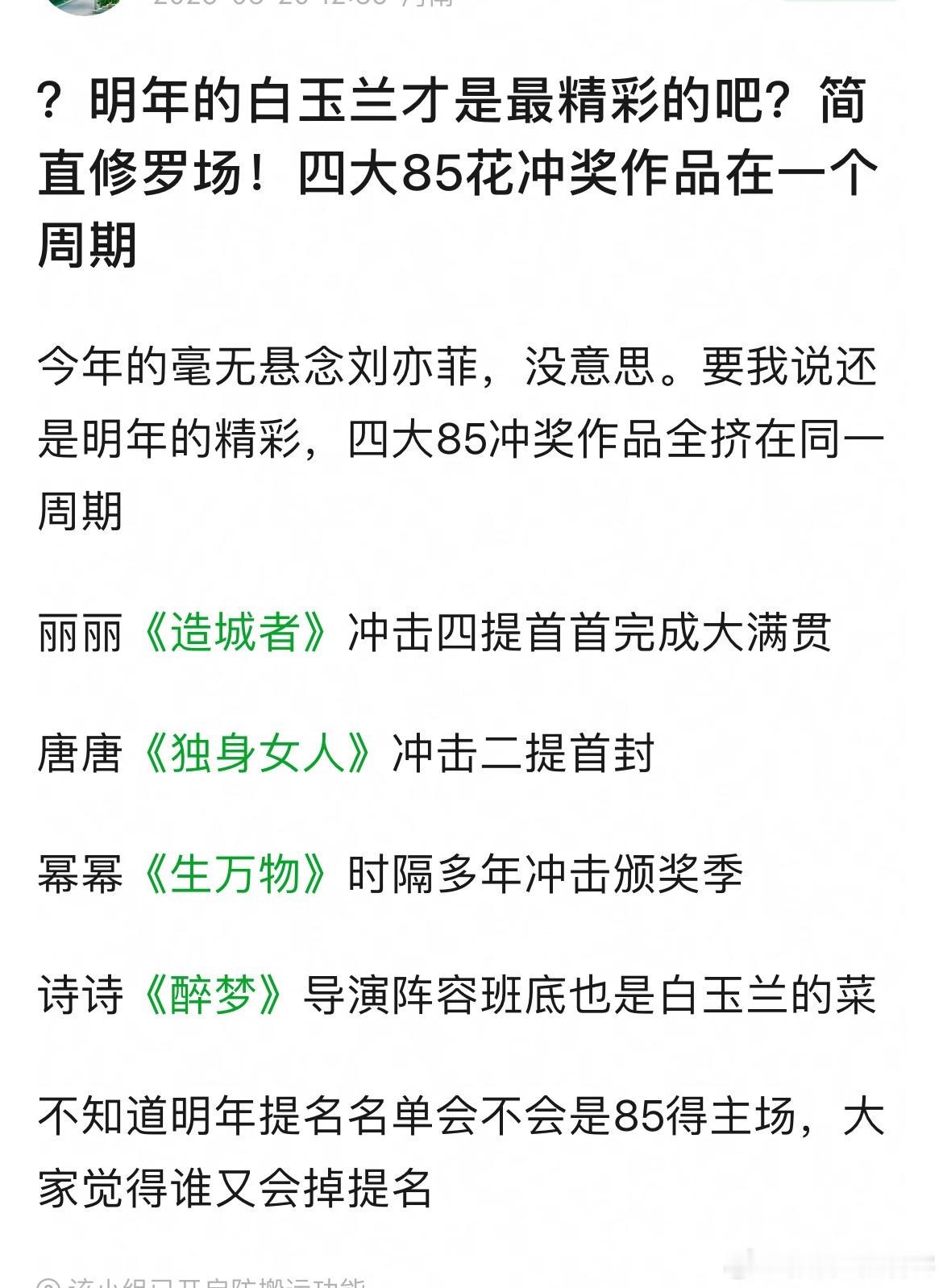 投稿网友说明年白玉兰更精彩赵丽颖造城者唐嫣独身女人杨幂生万物还有刘诗诗的醉梦85