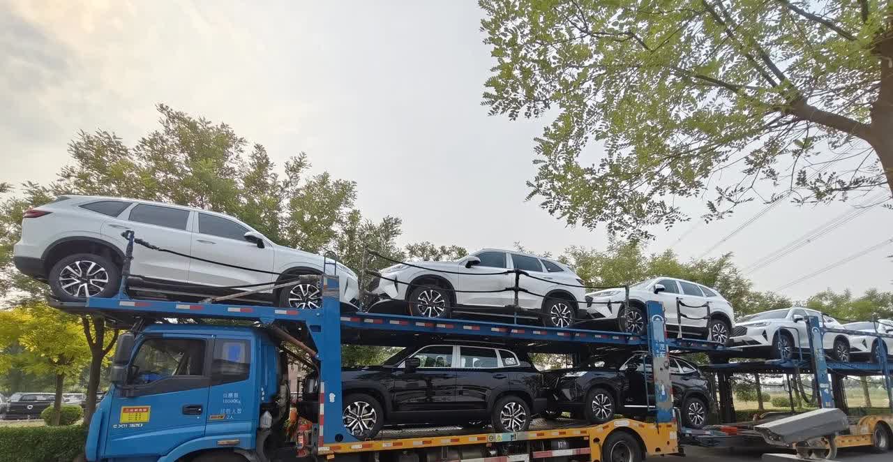 偶遇一辆运送长城哈弗车的大板车，拉着满满一车哈弗，有H6、大狗。正好可以看看底盘