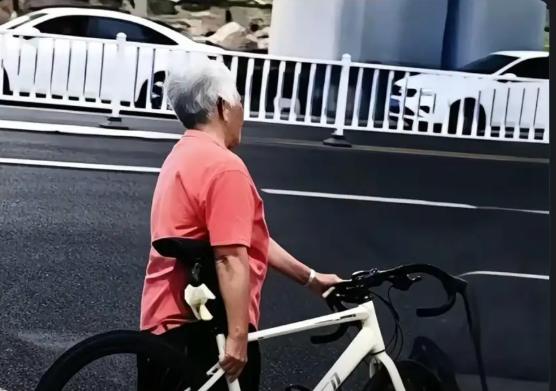 一大妈顺手扛走了一辆带锁的自行车，不料车主就在后面看着，他全程沉默，跟着大妈走了