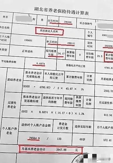 拿到湖北省的这张养老保险待遇核定表，看着月基本养老金3947.88元，心里着实高