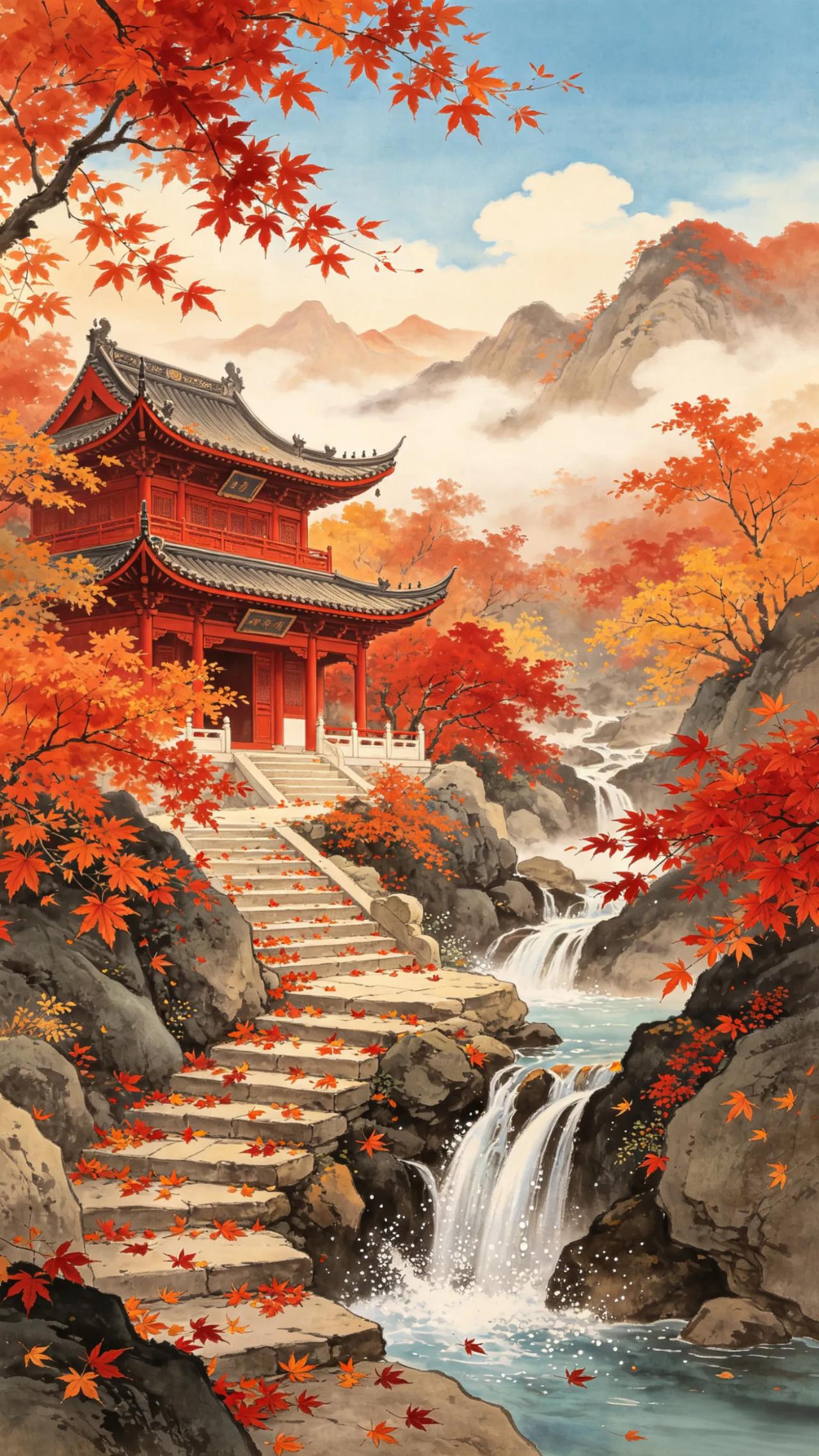 国风手机壁纸1、满山红山水2、山门3、窗前4、竹林仙鹤5、山水6、扫