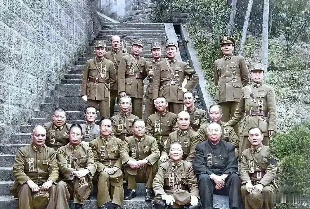 这张彩色老照片拍摄于1945年5月重庆，国民党六大期间，20位军方“精英”身着戎
