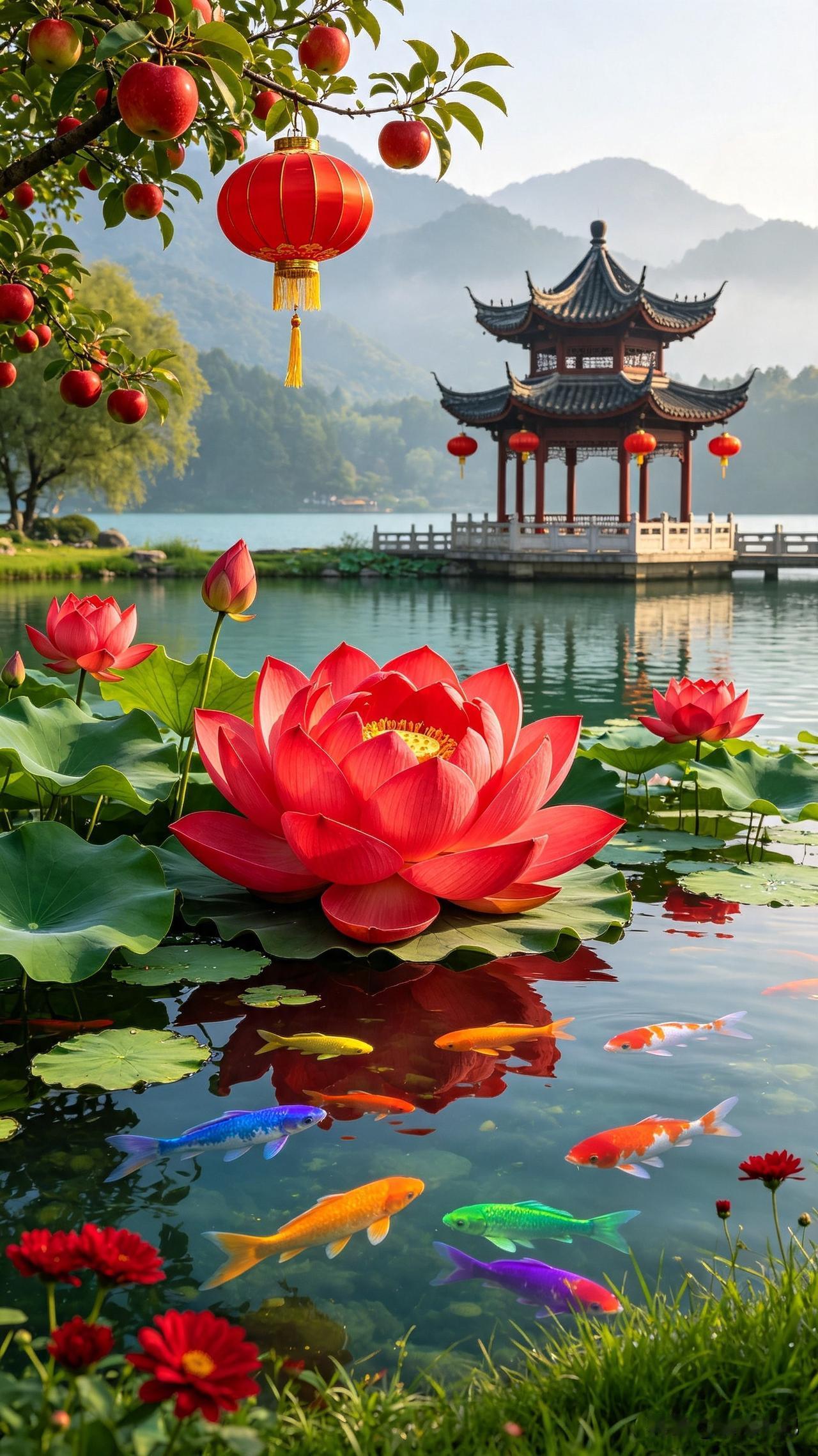 八月，晨光熹微，红莲映水，锦鲤嬉戏。愿你在这个美好的清晨，心如荷花般纯净，运如锦