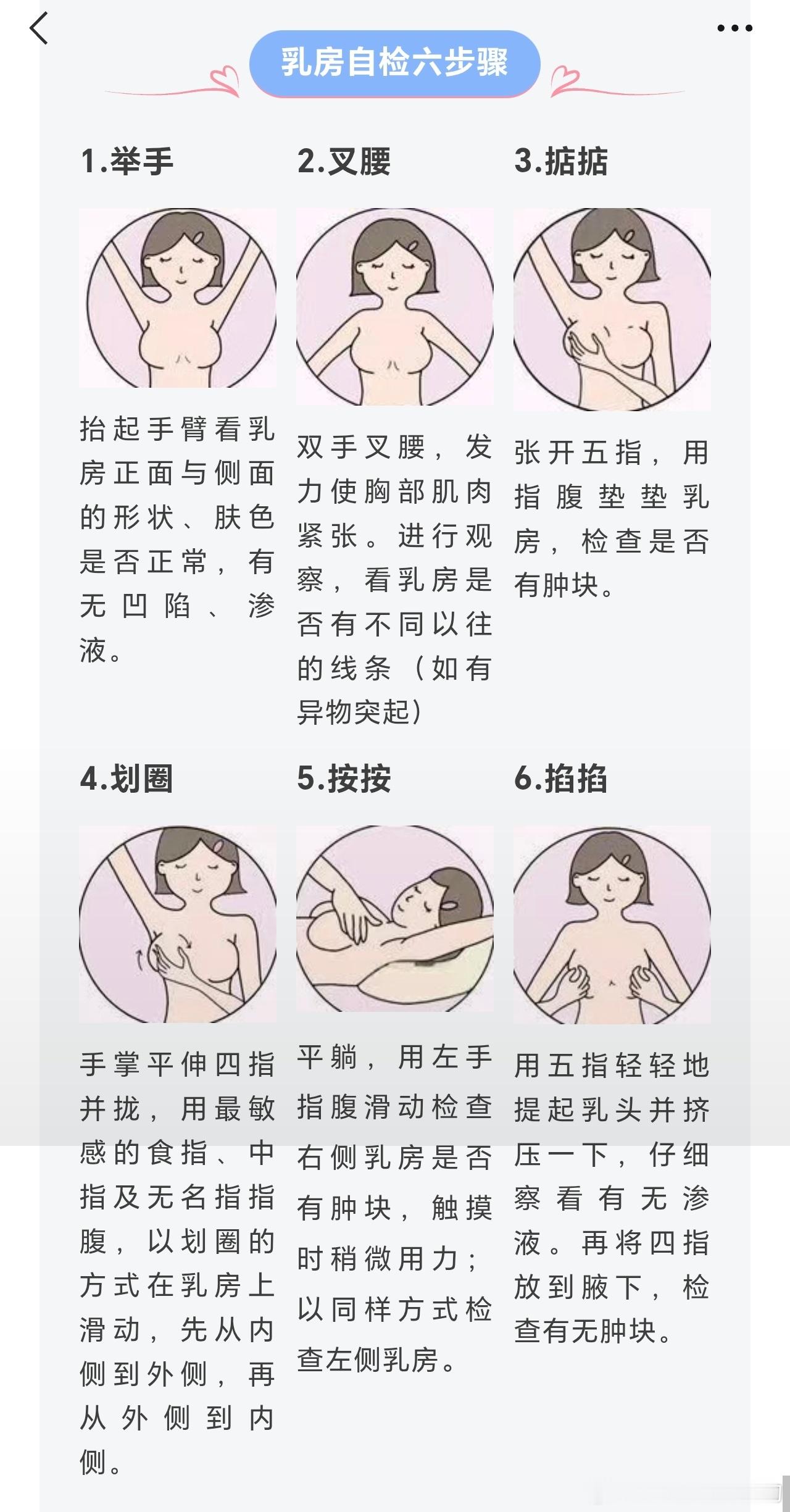 #女子6毫米结节确诊乳腺癌#每个人都要学会乳腺自我检查：口诀是，一看二摸三挤压。一看：双臂下垂、叉腰