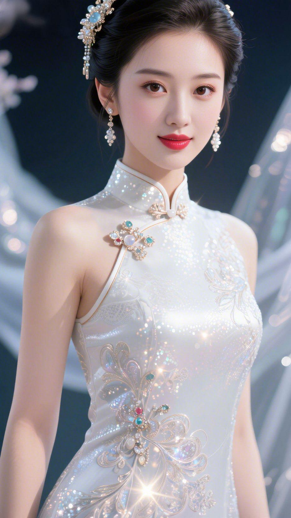 雅韵映清欢一袭素白旗袍，缀着细腻的莹润光泽，将东方美学的温婉与雅致娓娓道来