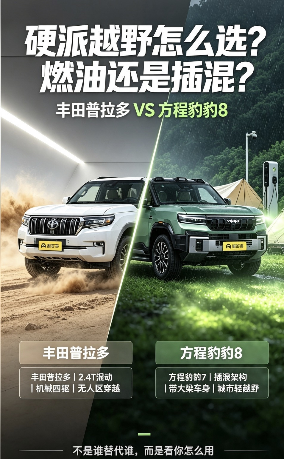 新能源硬派，真的能取代燃油硬派吗？普拉多VS方程豹豹8：燃油硬派与混动越野，到底谁更适合越野？硬派越