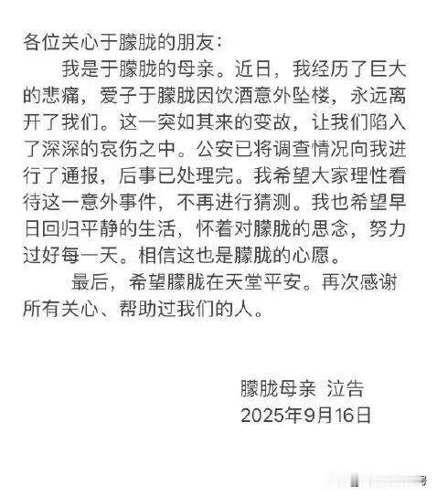 今天看到演员于朦胧突发坠楼意外身亡的新闻，我当时深感惋惜，好端端的年轻人，怎么会
