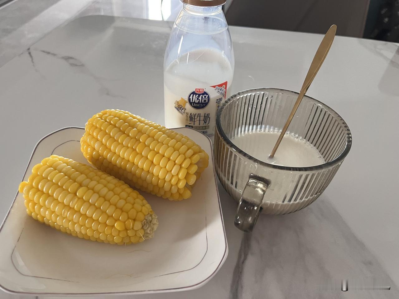 今早的早餐也太舒服了吧！两根甜玉米，一杯温牛奶，简单到不能再简单。玉米啃起