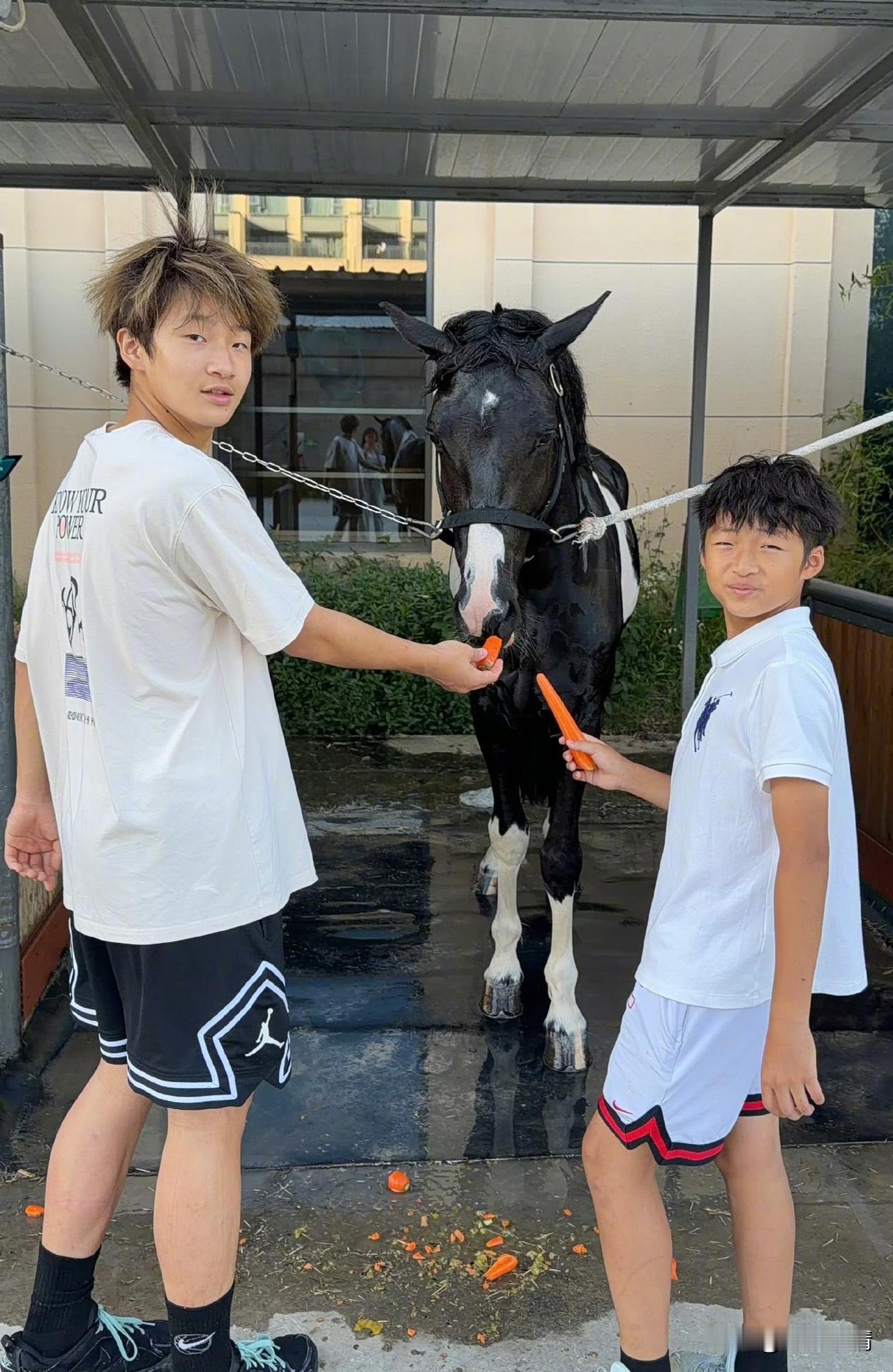 6月1日，冉莹颖晒出儿童节陪儿子们骑马的照片。冉莹颖小儿子看起来长高了好多，都