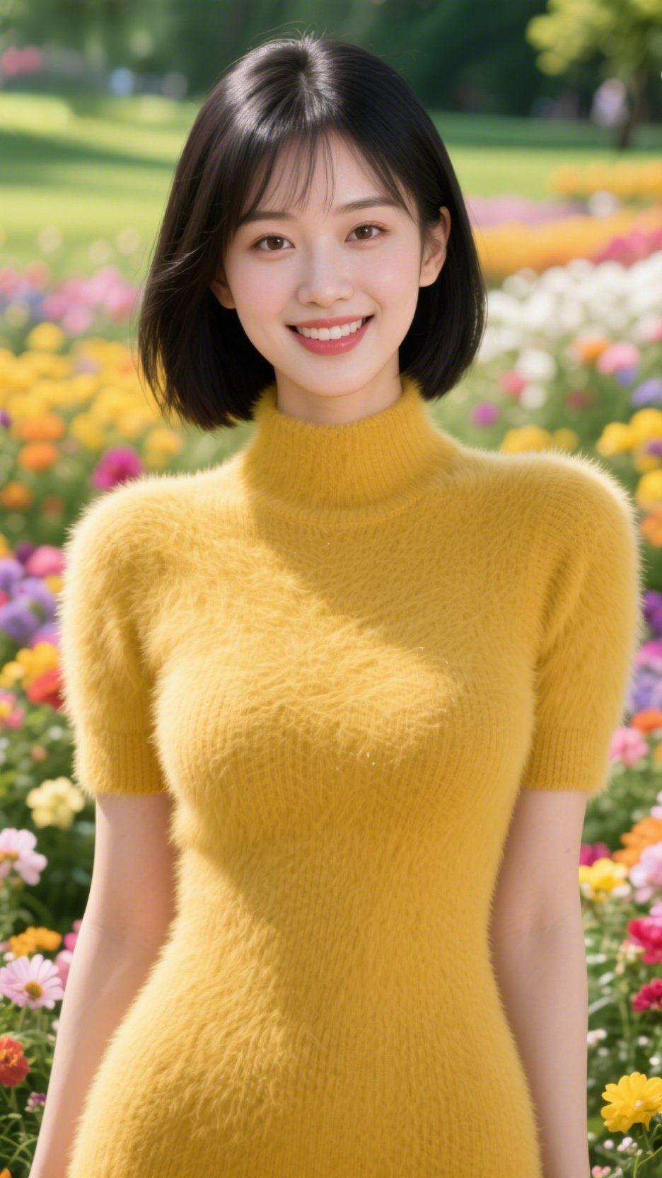 暖绒裹着花田柔意日光携花簇的香漫过肩头，她像把春阳织进一身暖黄里——毛绒衣