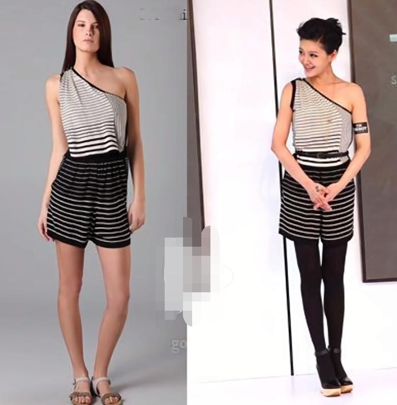 我觉得大S和那位国际超模穿同款黑白横条纹连体裤，反而大S穿出来更好看、更有时尚感