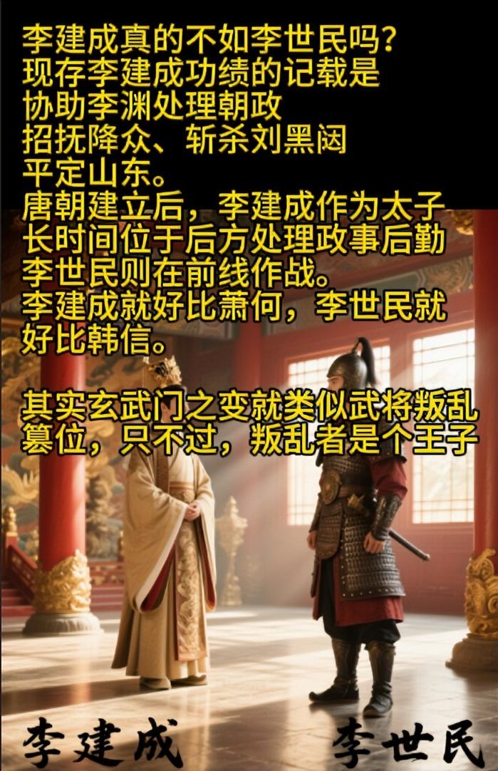 其实玄武门之变就类似武将叛乱篡位，只不过叛乱者是一位王子。李建成真的不如李世