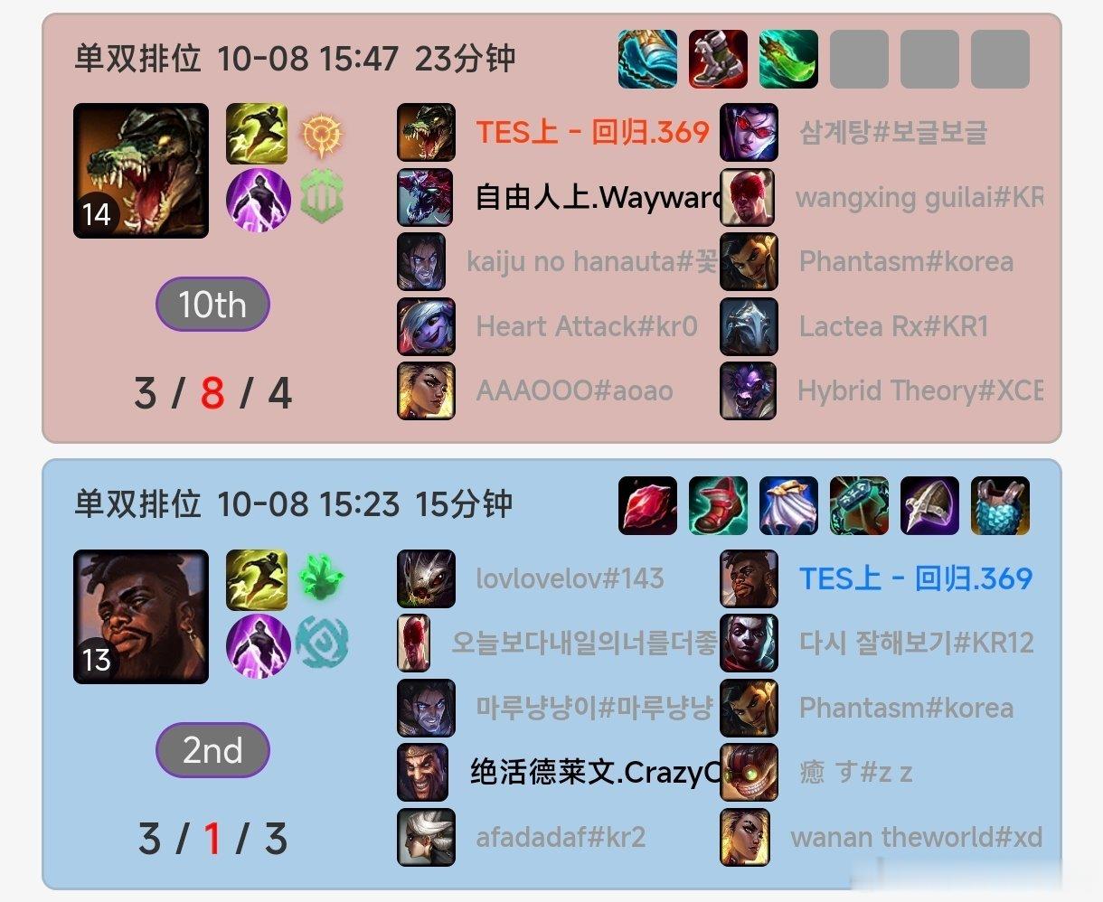 369回归韩服排位第二把，就遇到前TES上单Wayward大黄，这也太巧了吧！不