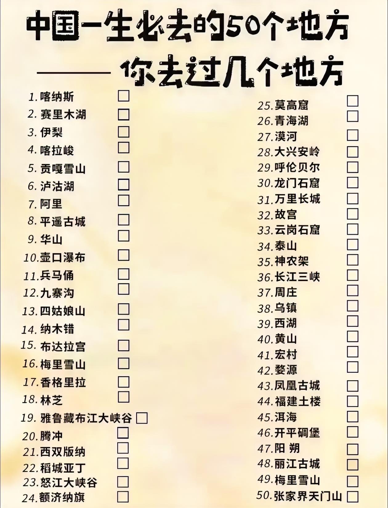中国必去50个地方打卡清单，你去过几个？📝