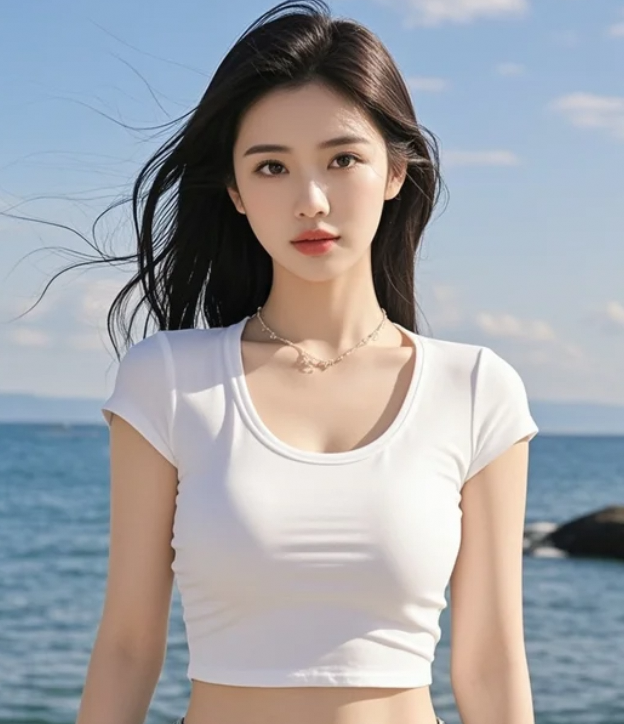 海浪拍打沙滩，她静静地站着，像一幅静谧的画