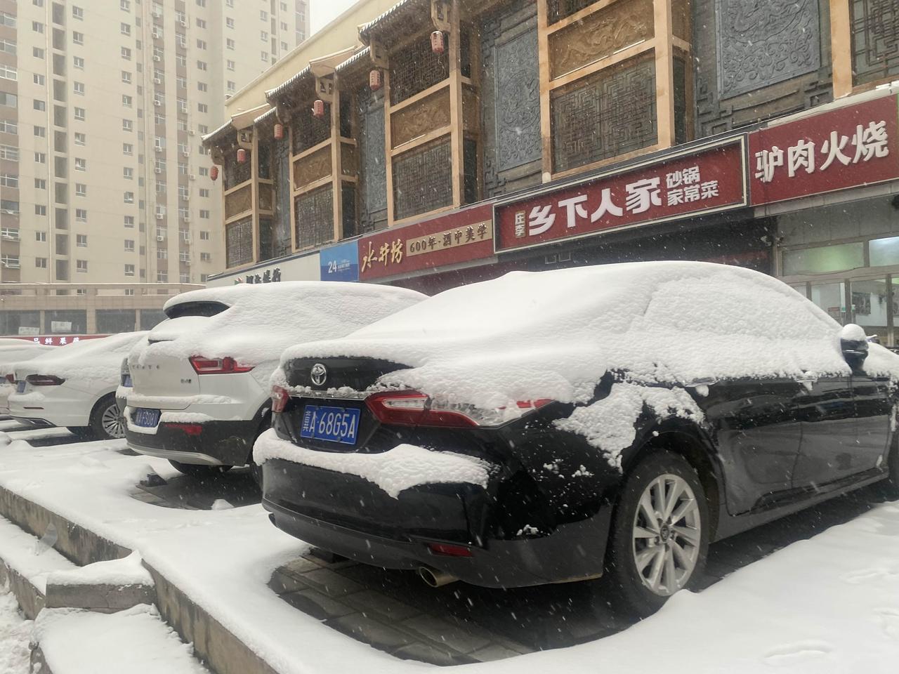 石家庄头一次下大雪，飘飘洒洒，绵绵不绝，落满街头。锁藏尘埃，罩住车辆