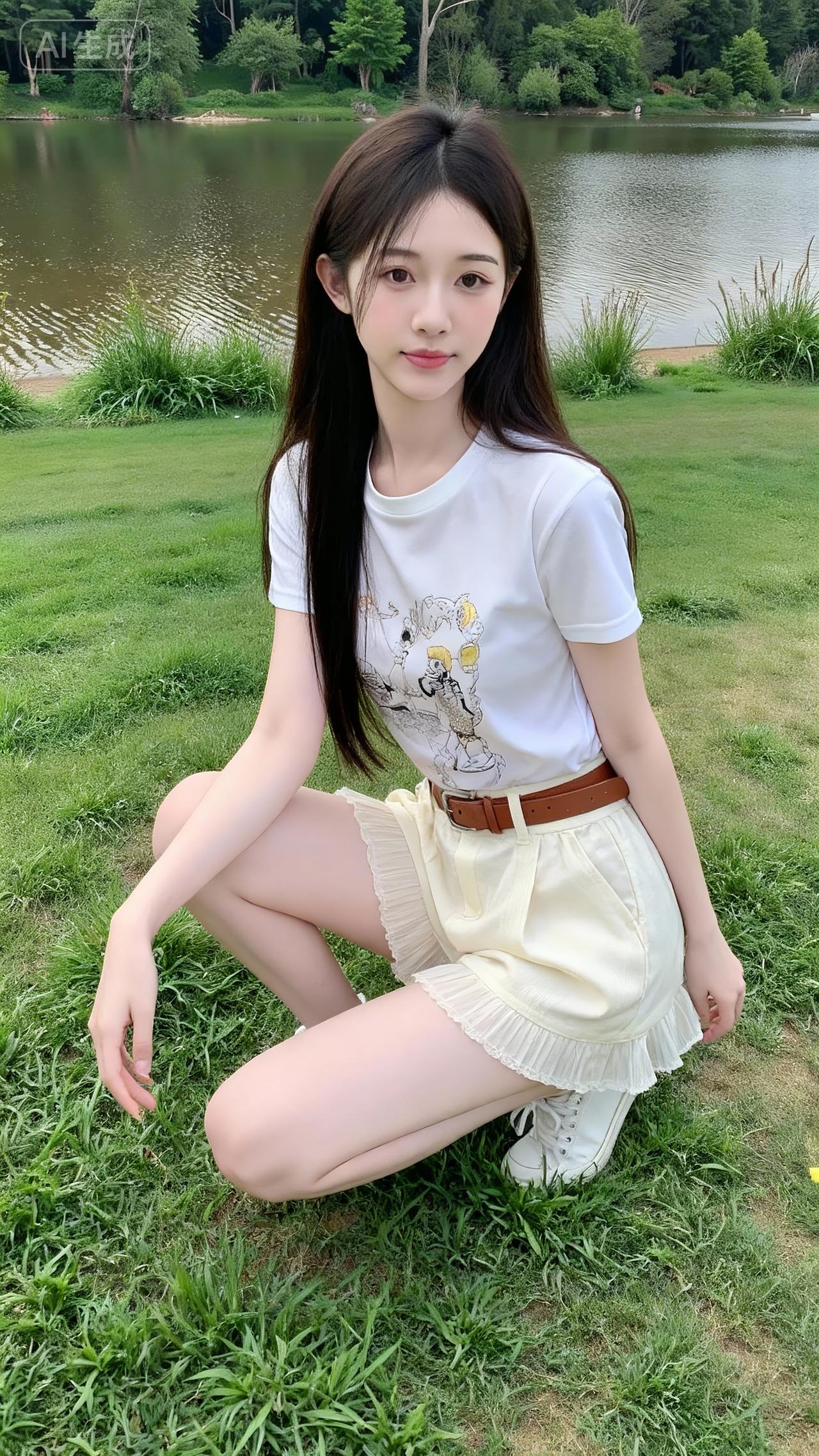 湖边草地的清甜穿搭好戳白T印着卡通图案，搭奶黄荷叶边短裤，棕皮带一收腰，清