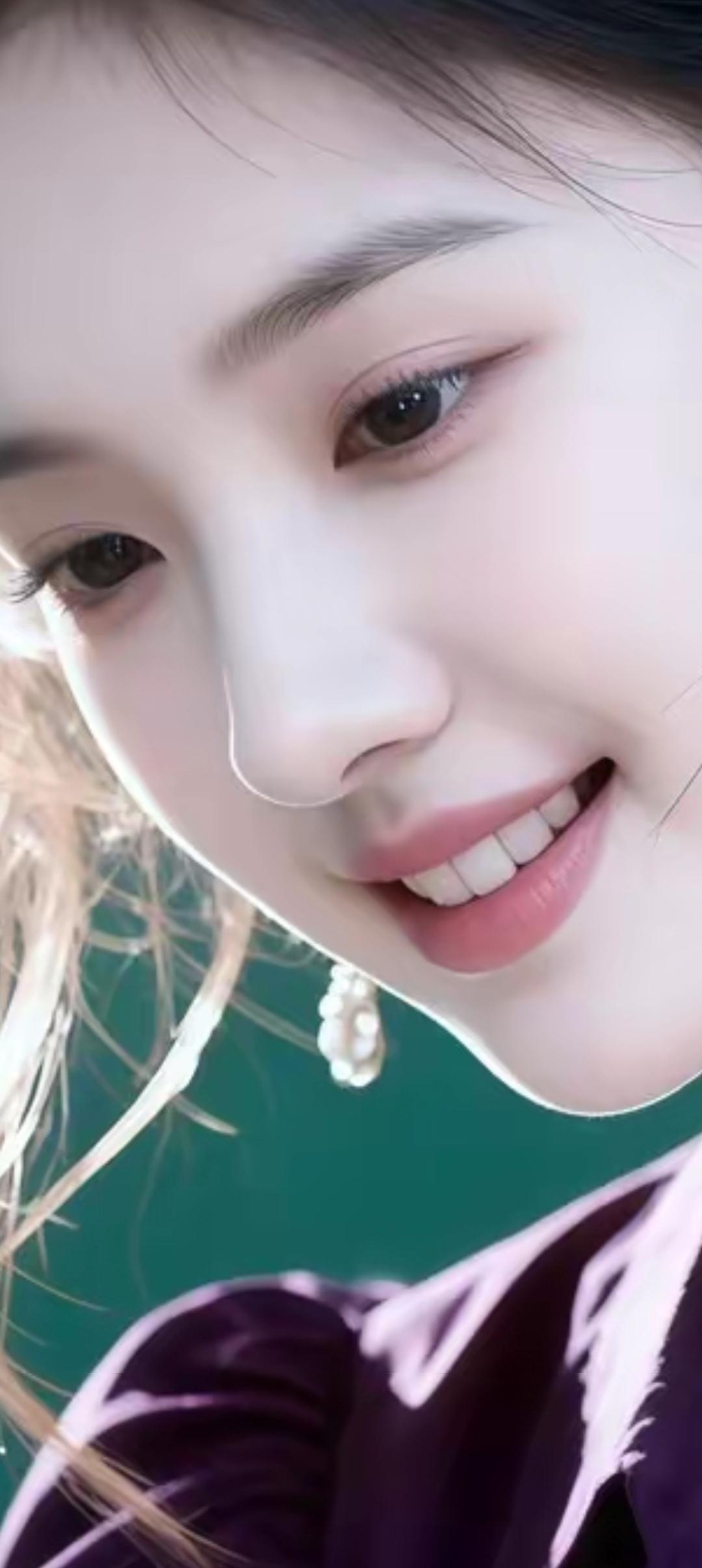 微笑的少女，珍珠耳环，紫色上衣，清新自然。