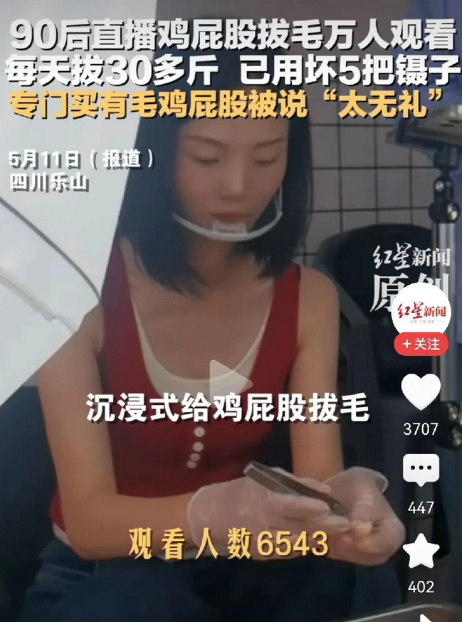 90后女子直播拔鸡屁股毛爆火