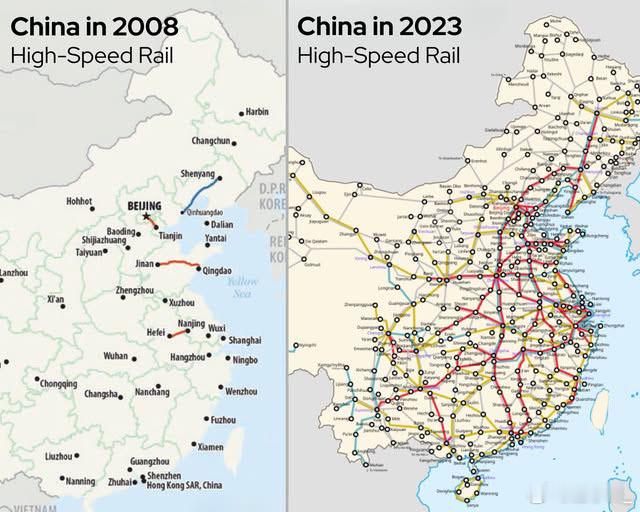 中国高铁线路2008年-2023年的变化，才十五年：