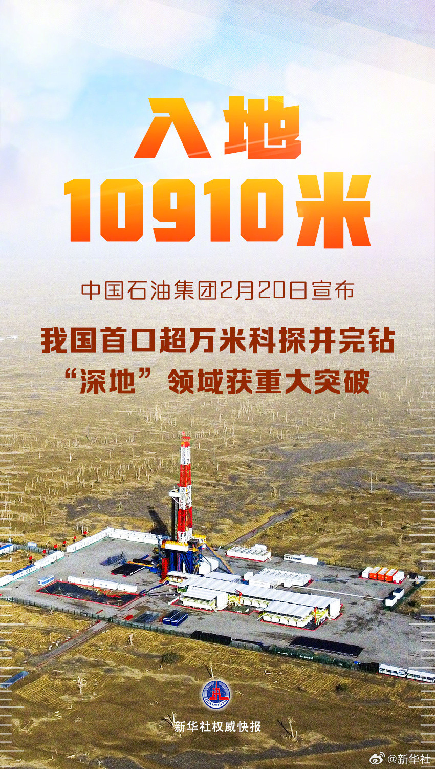 【入地10910米！#我国首口超万米科探井完钻#“深地”领域获重大突破】2月2