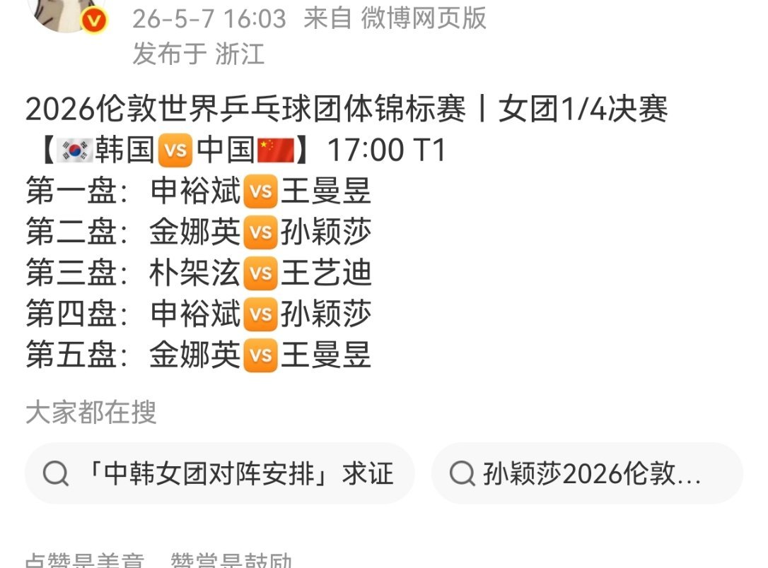 2026伦敦世乒赛女团1/4决赛韩国🆚中国17:00T1孙颖莎一单孙颖莎