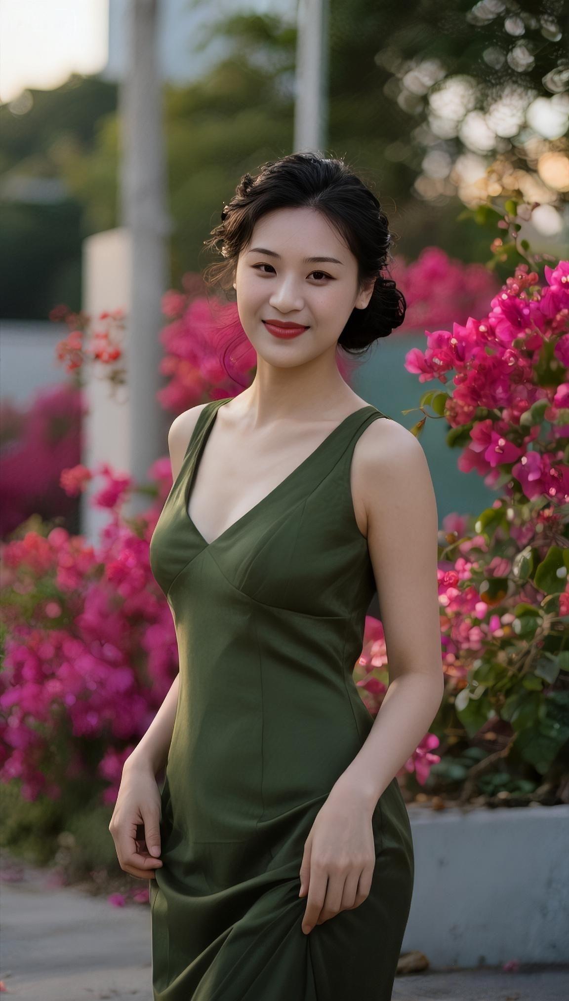 晚风吹开三角梅的粉，她站在暮色里，一袭墨绿裙装像揉碎的夏末森林。笑容比落日温柔，