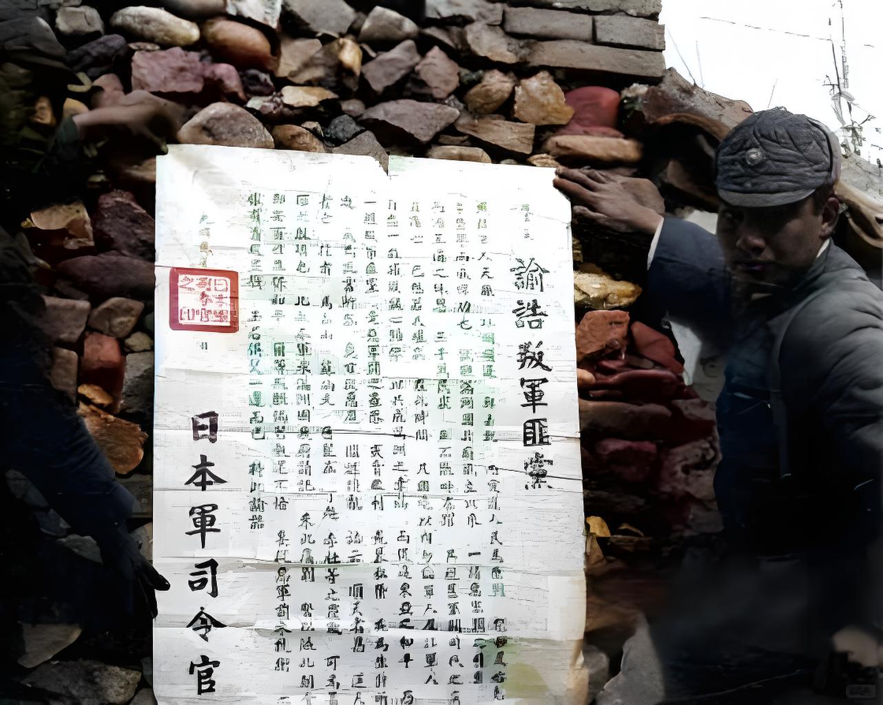 这张拍摄于1933年热河抗战时期的照片，展现了一位国军战士手持日军告示的场景。