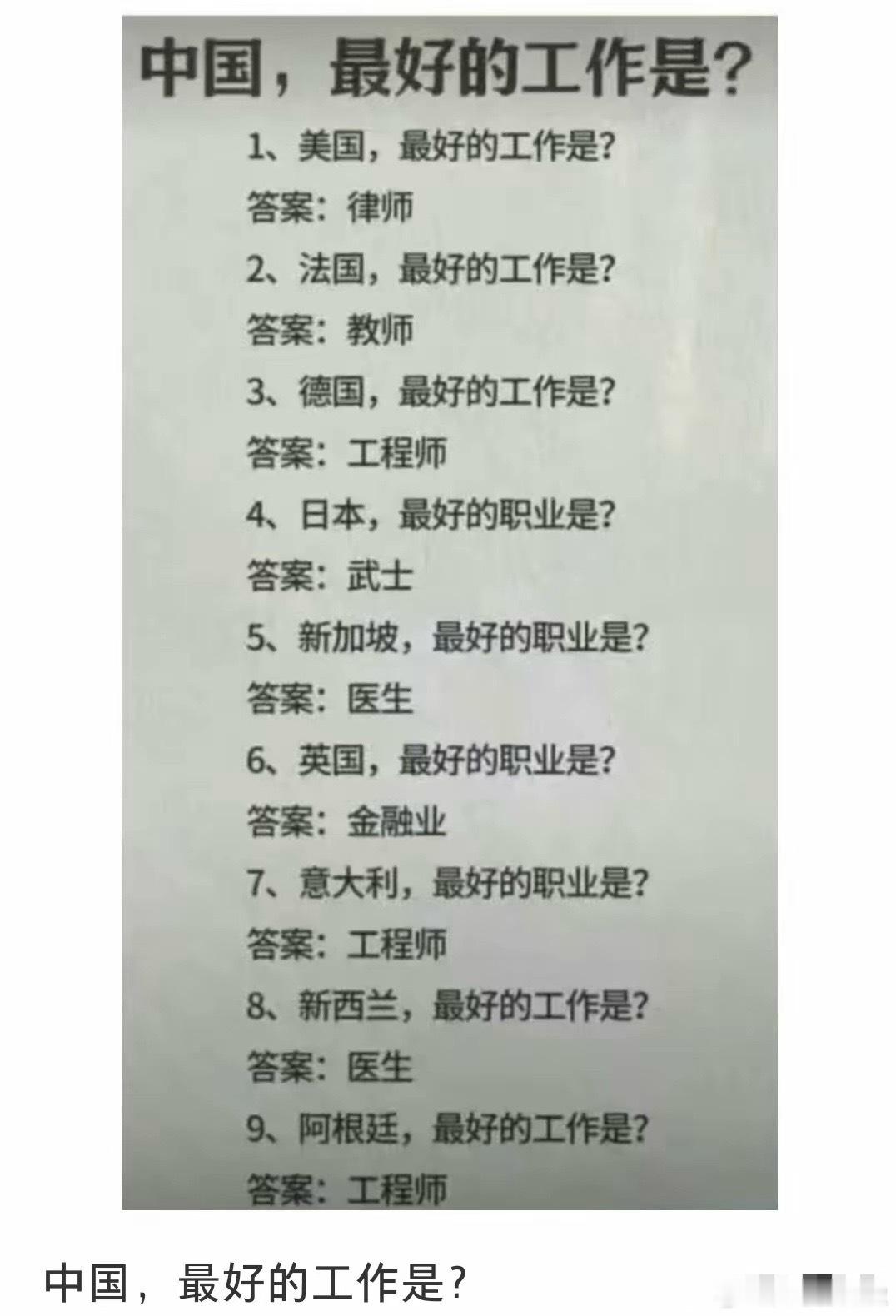 在中国你们觉得最好的工作是什么？