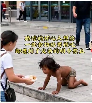 路过的人给“小野孩”递吃的，竟被他父亲狠狠喝止！那孩子望着食物的渴望眼神，真
