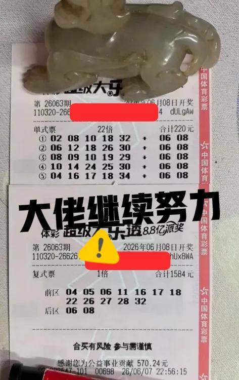 大佬还在继续努力，可戏剧性的一幕又出现了！后区06和08与20倍票完全撞号，这是