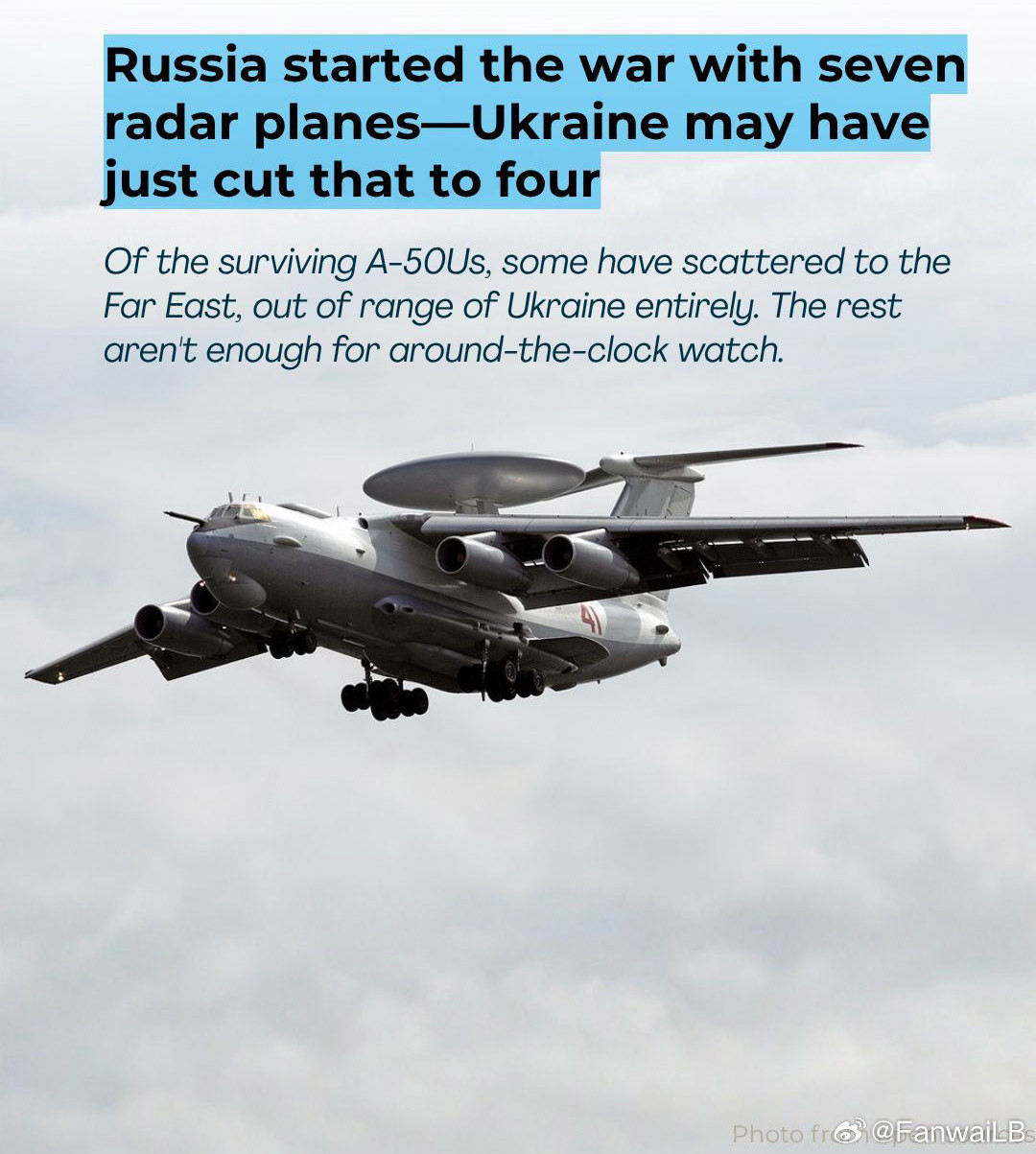 欧媒数据俄出动了7架A-50U预警机——作为其在乌克兰上空的眼睛——投入战争。乌