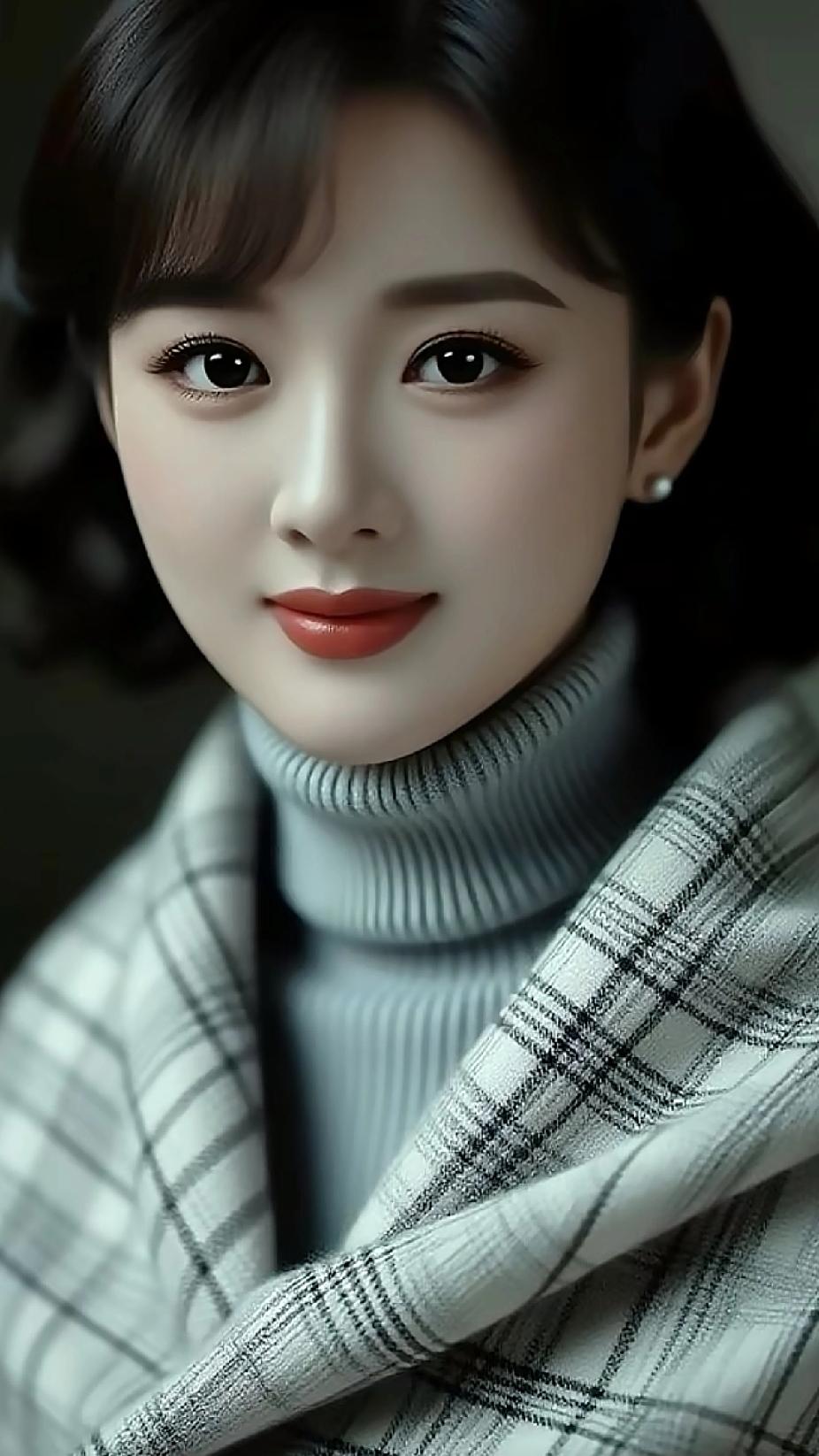 这位小姐姐穿着高领毛衣和格子围巾，好温柔哦。