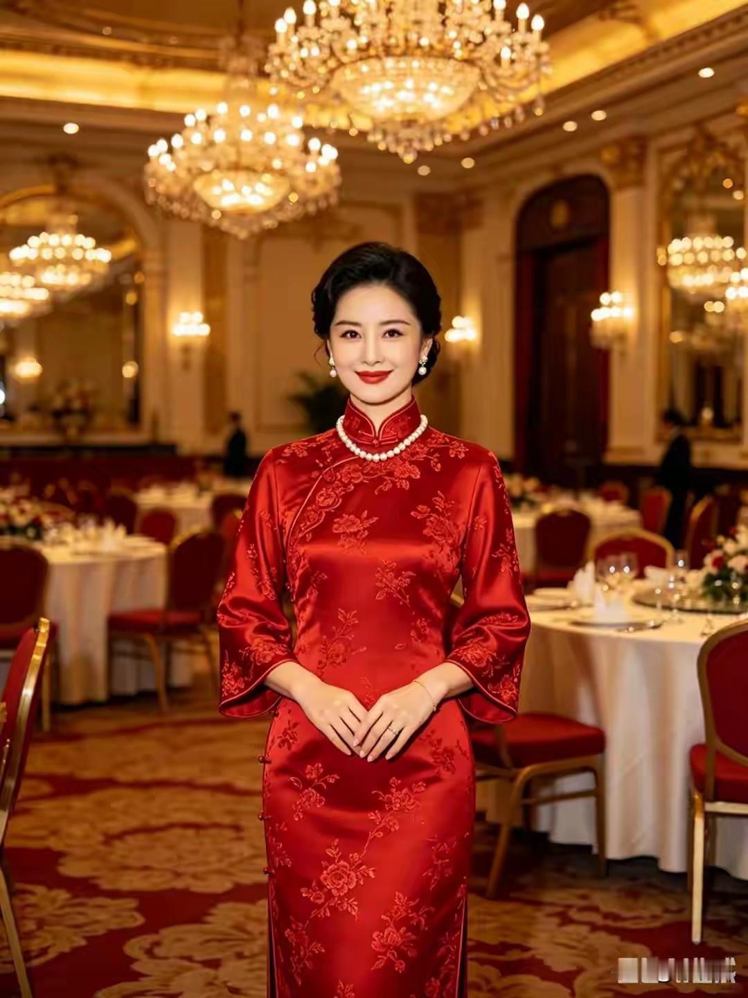 东方女性，国宴佳丽。端庄典雅，温婉贤淑。浓妆淡抹，风采相宜。红色旗袍，国