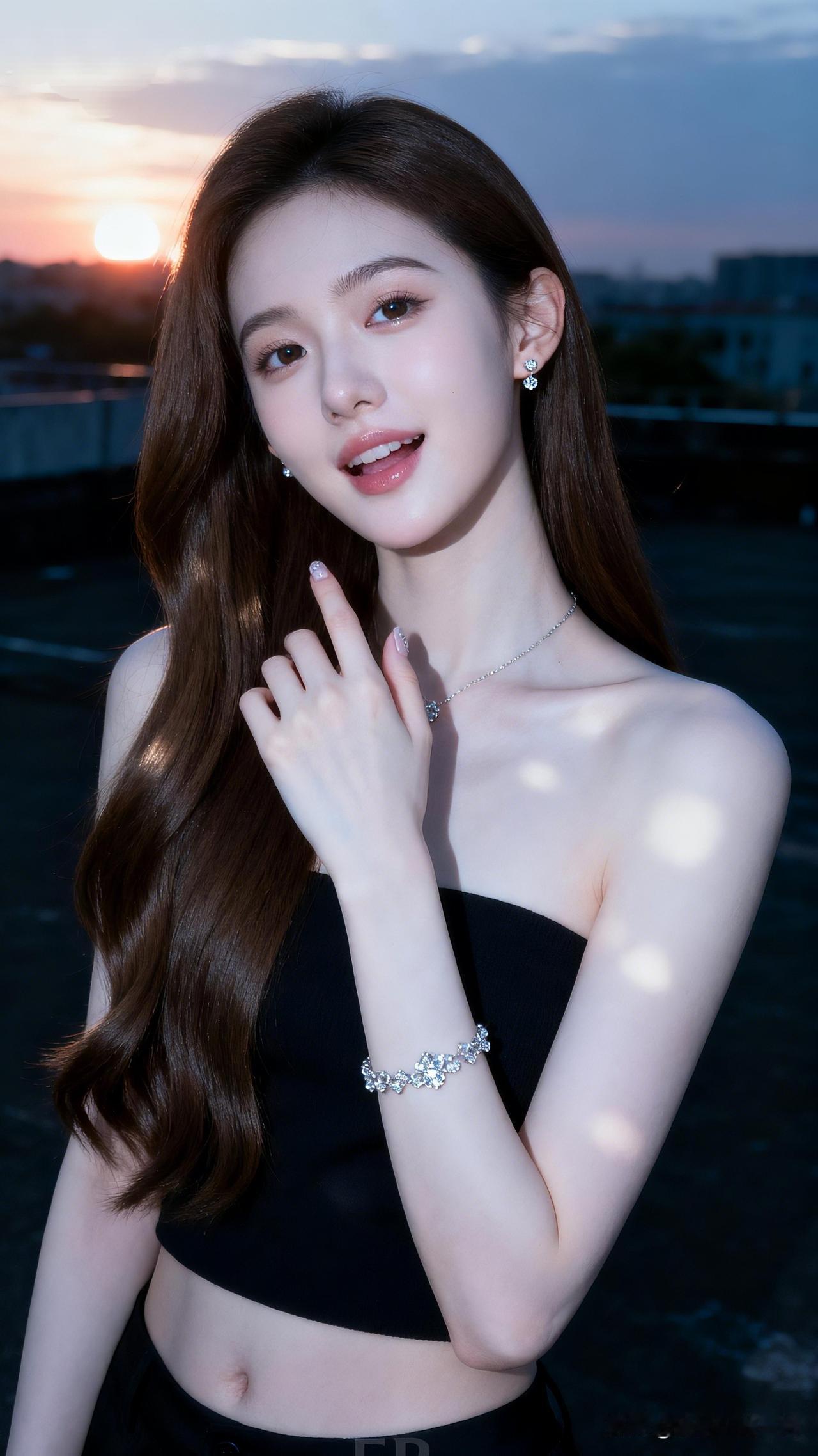 落日余晖映，佳人笑语间。又纯又欲的女生，究竟有多招人喜欢日落下的温柔微笑，黑裙