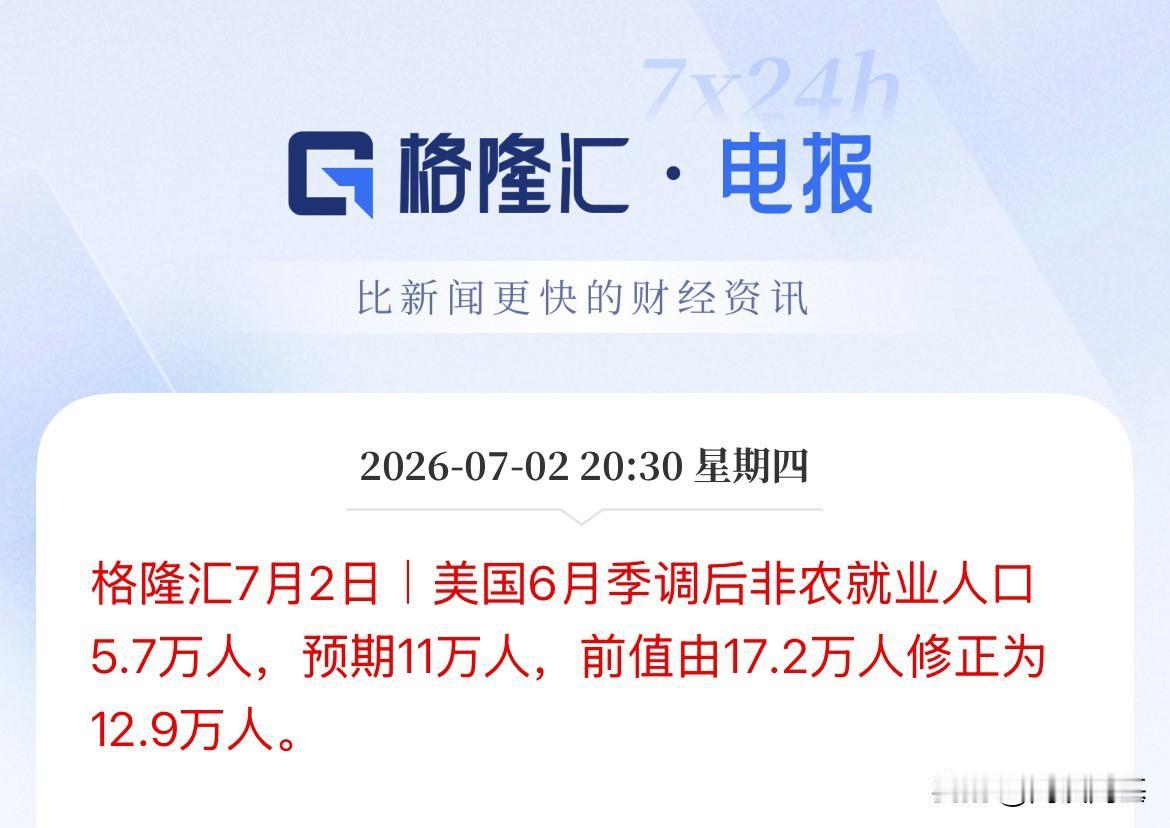 大大利好啊！美国6月非农大幅不及预期，直接“腰斩”了，市场预估11万@，实际仅为