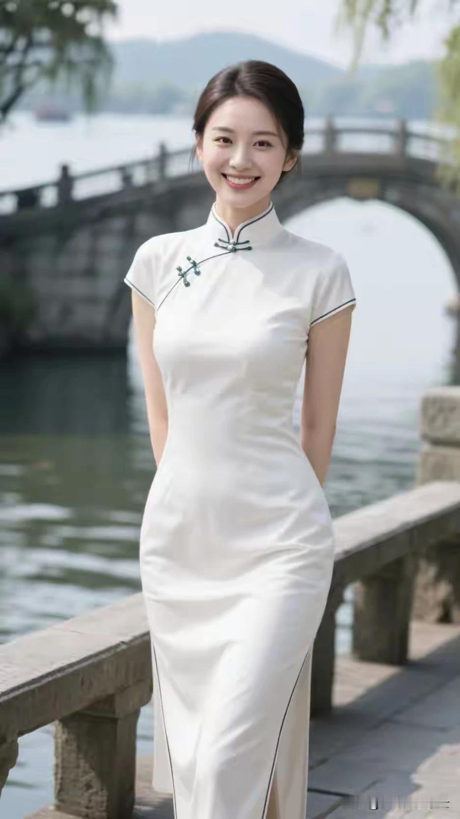 碧水湖边，白色旗袍出水芙蓉，梨花带雨冰肌玉骨，明眸皓齿月里嫦娥，仪态万方