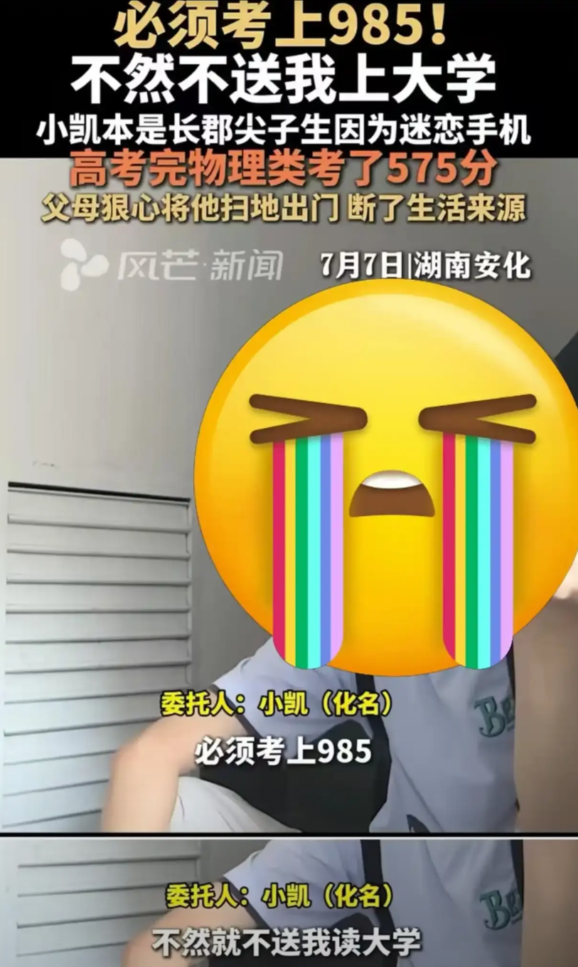 小凯曾是家里的骄傲。在长沙长郡高中三年，前两年他的名字长期占据霸榜，985是妥妥