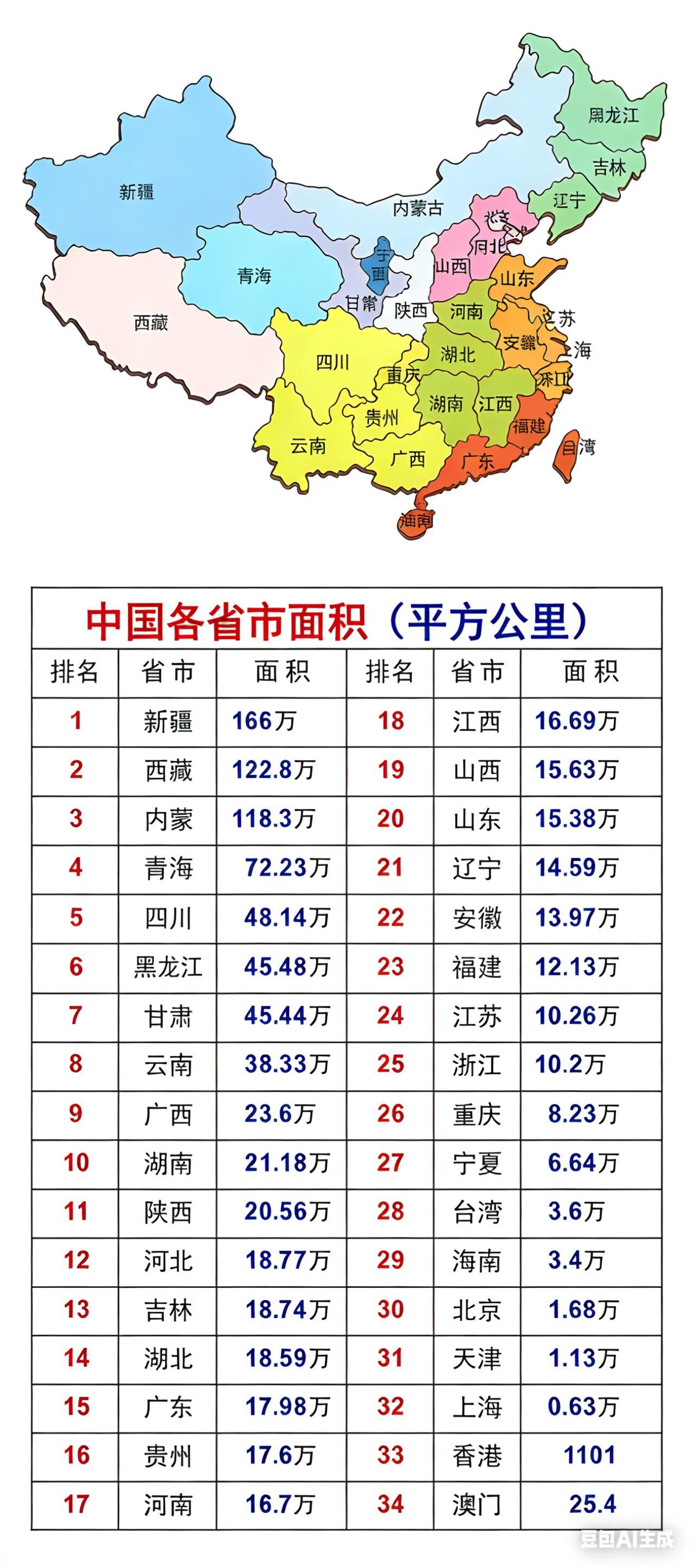 我国34个省级行政单位面积排行！分享你的省份