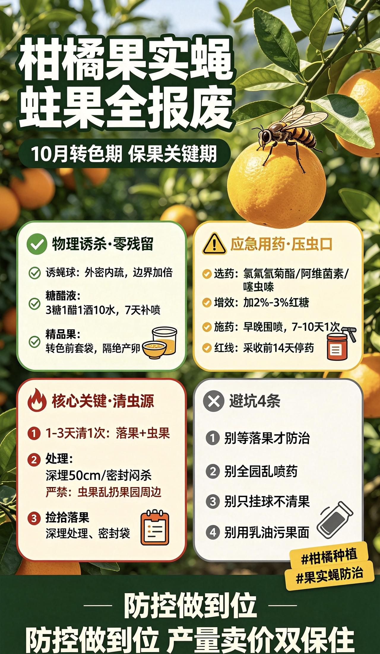 10月柑橘转色期，果实蝇爆发高峰！蛀果就报废，防不住一年白干。诱杀+补药+清