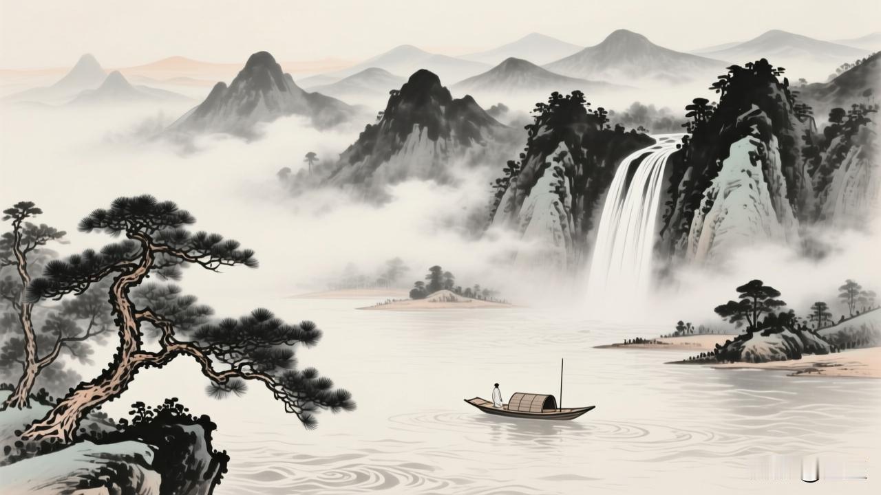为您创作了一幅水墨山水画🖼️**10个字介绍：****云雾绕青山，孤舟寄