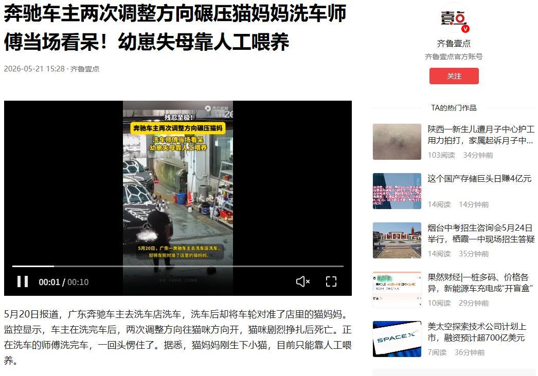 5月21日齐鲁壹点报道，广东佛山，一名奔驰车主洗完车后，明明清楚看见地上有只刚生