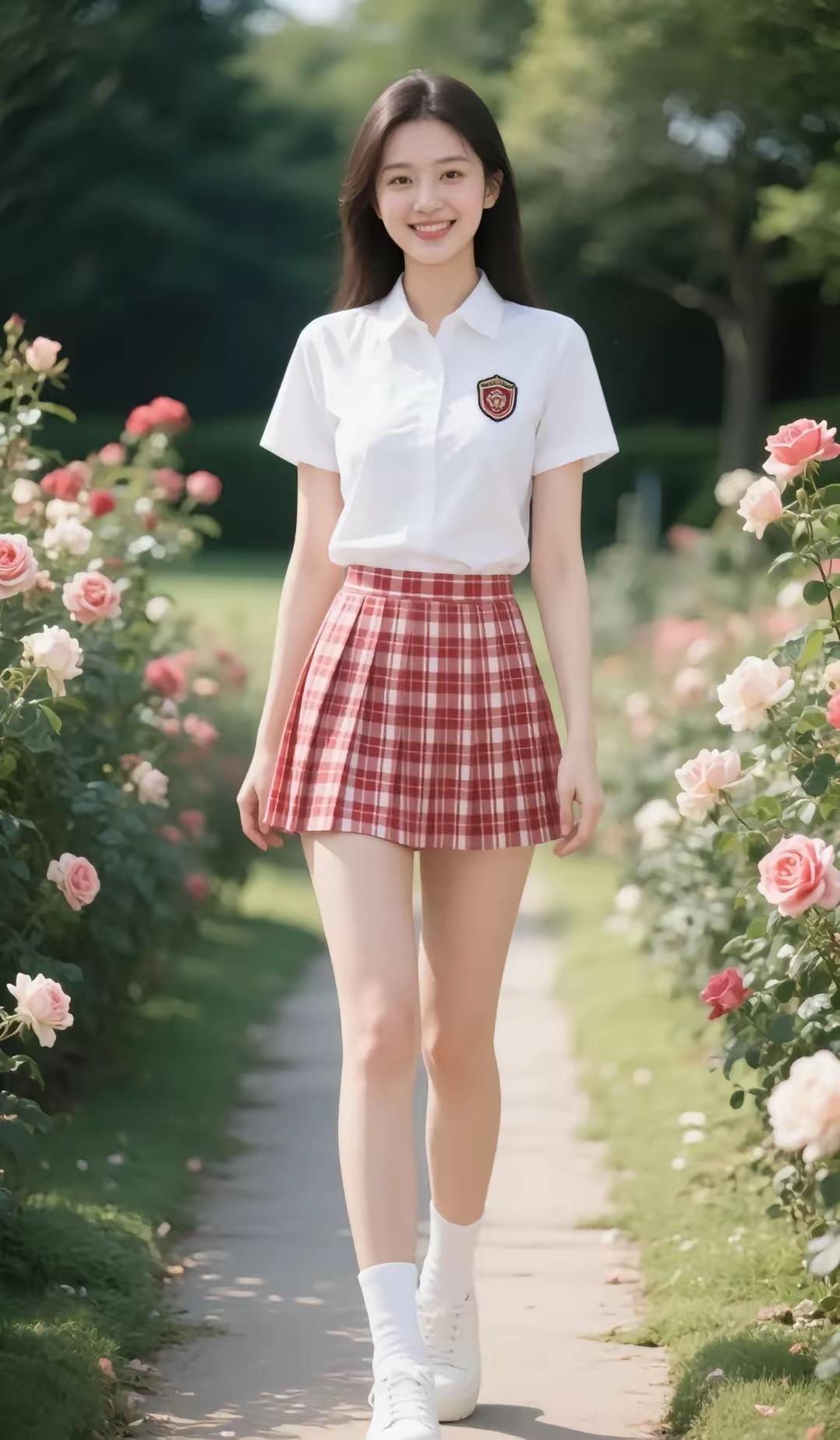 青春洋溢的校园少女，漫步在花海中，绽放出最美的笑容。