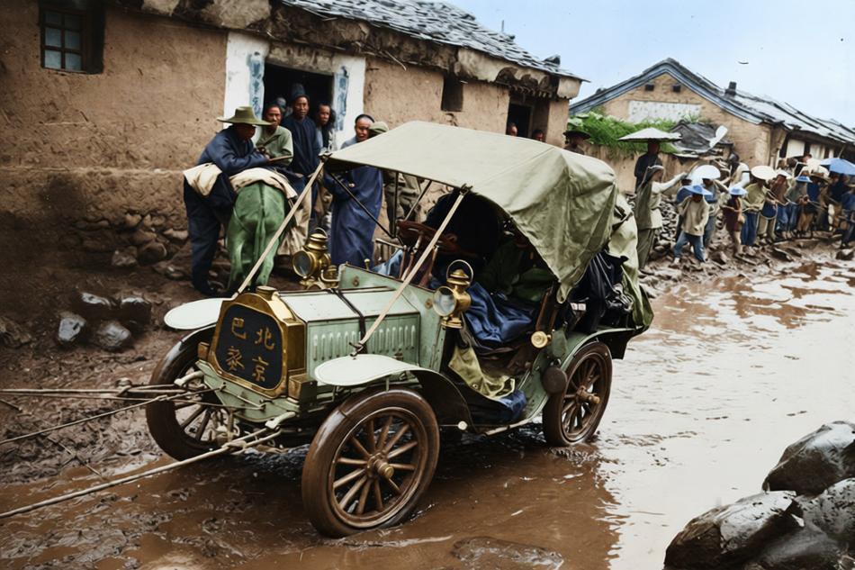 1907年，“北京—巴黎汽车拉力赛”途中，这辆早期敞篷汽车陷入泥泞乡村道路，正在