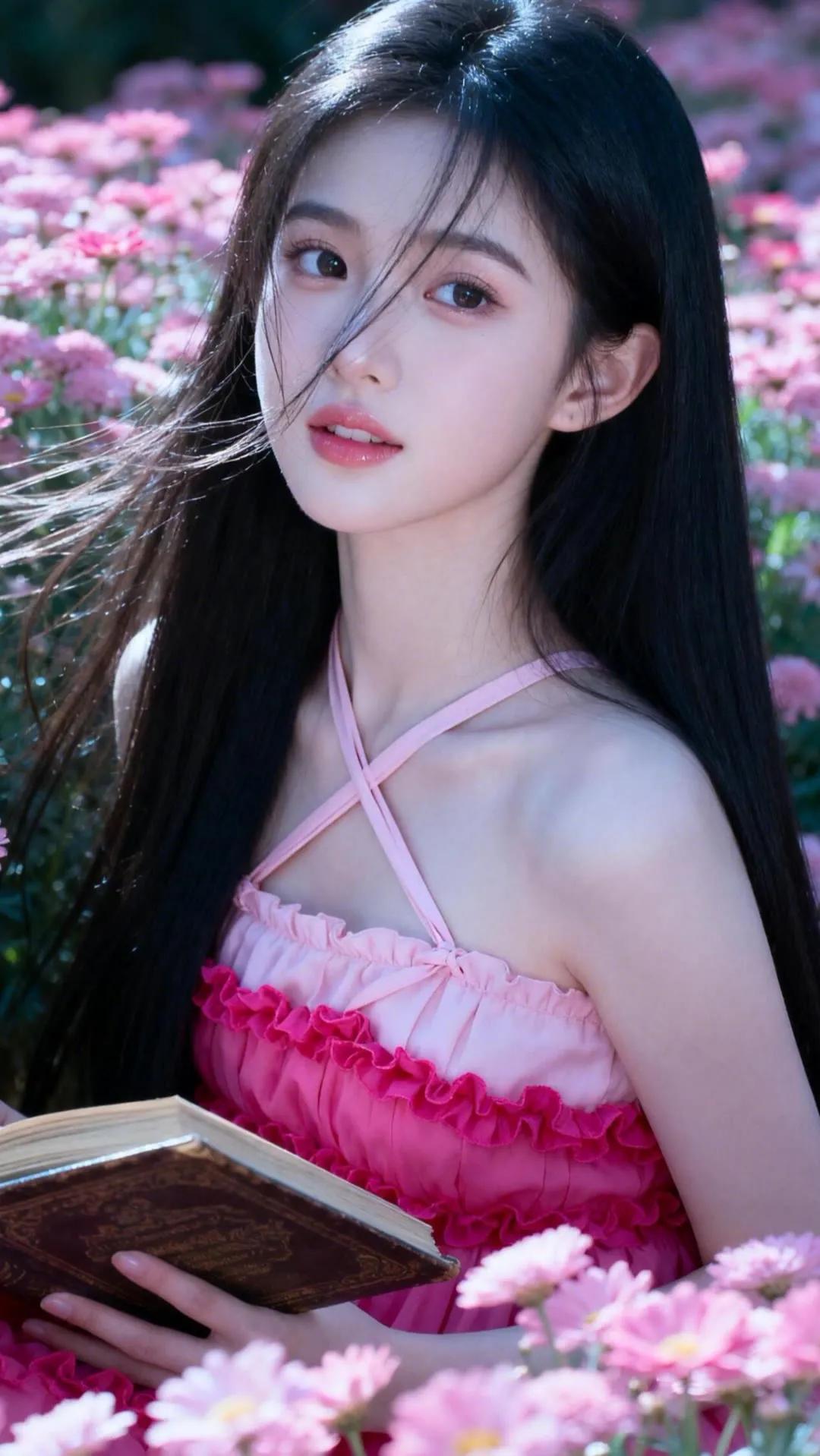 粉裙少女与花海共舞，书香与自然交织的浪漫时光。