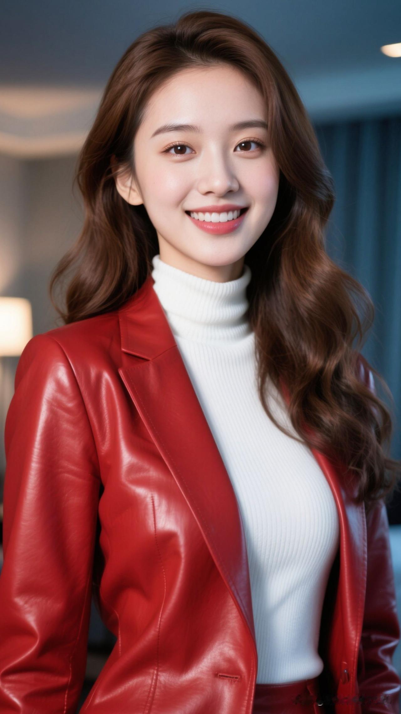 暖光为幕，红皮革是烧得正旺的诗，白高领盛着温柔的风，她站在那里，就是治愈与张扬的