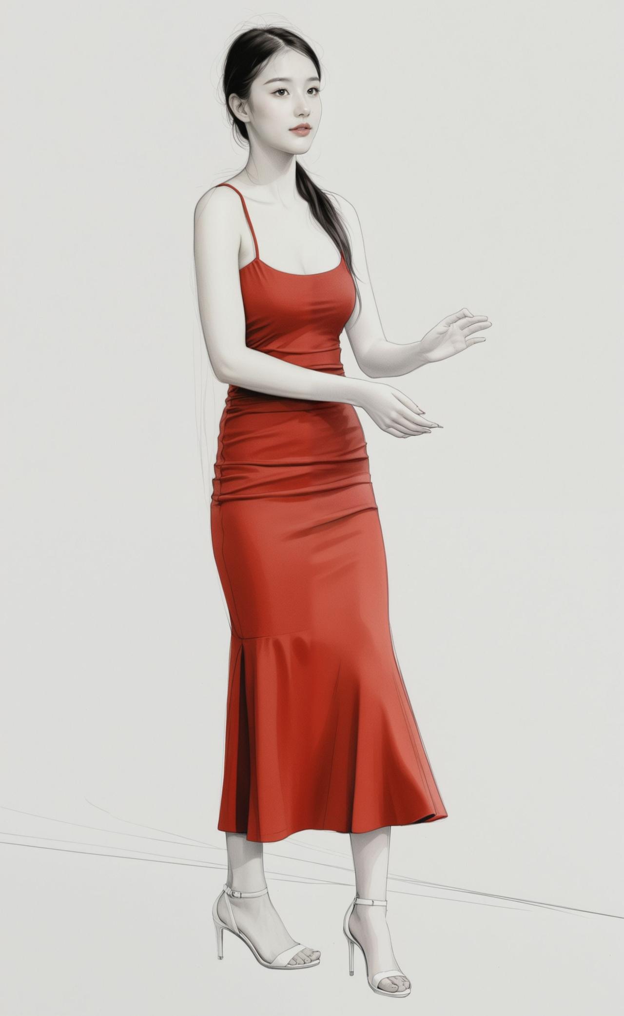 优雅红裙，自信姿态，时尚与自信的完美结合。