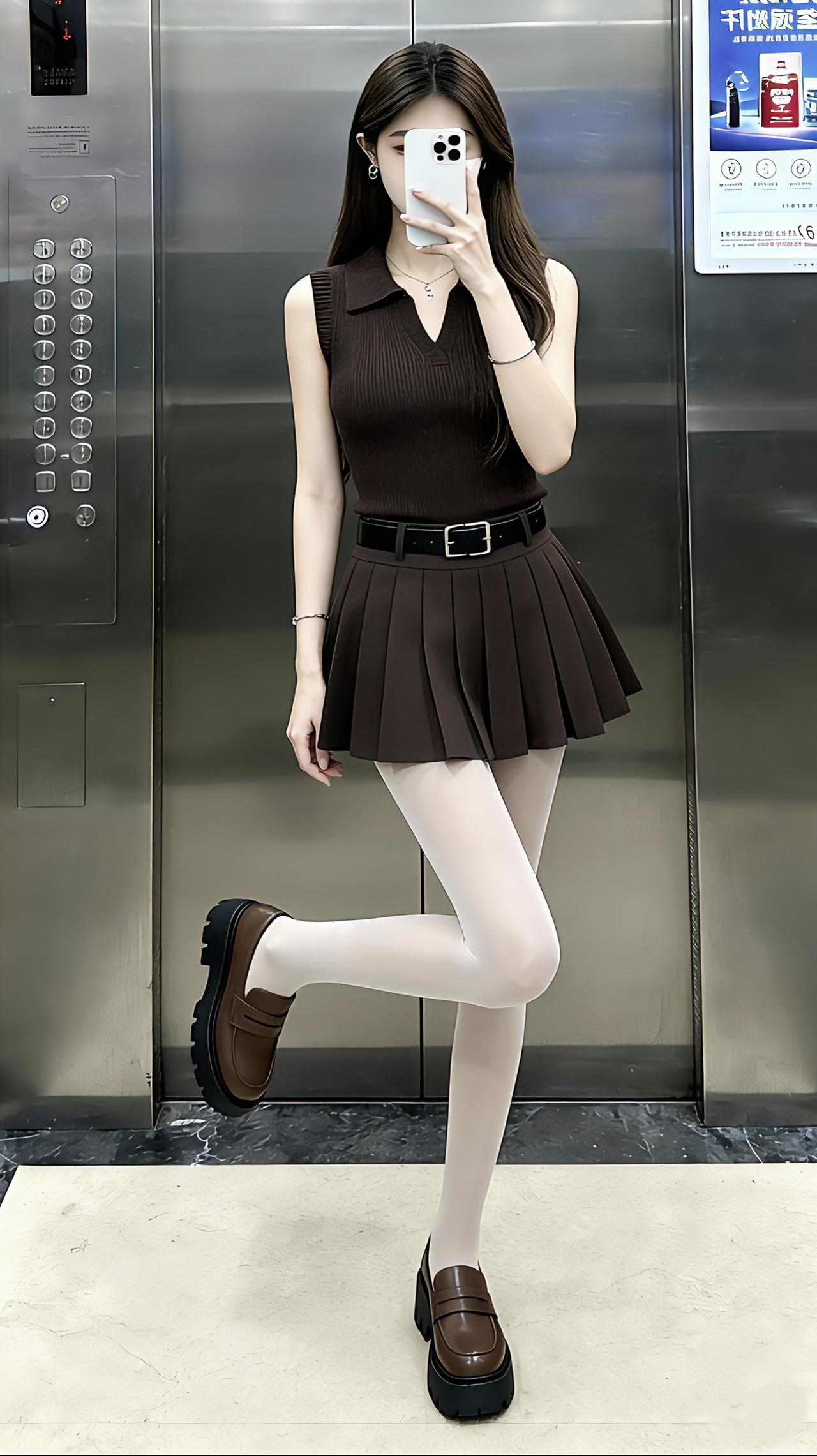 我是甜妹有活力！无袖Polo衫+百褶裙+厚底乐福鞋+透肤袜，电梯拍照就是这么