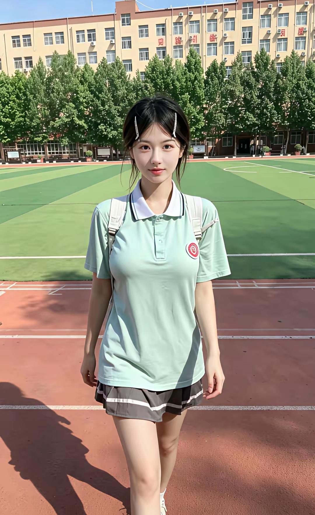 青春校园风，元气少女在阳光下漫步
